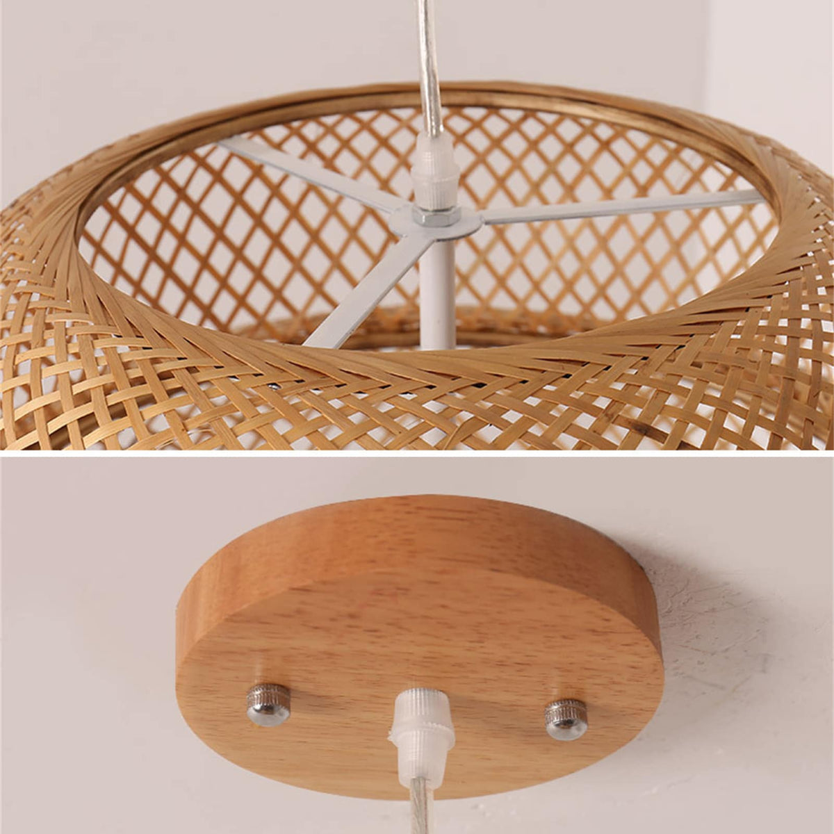 Modern handwoven honey bamboo ceiling light with a tight weave – close-up detail