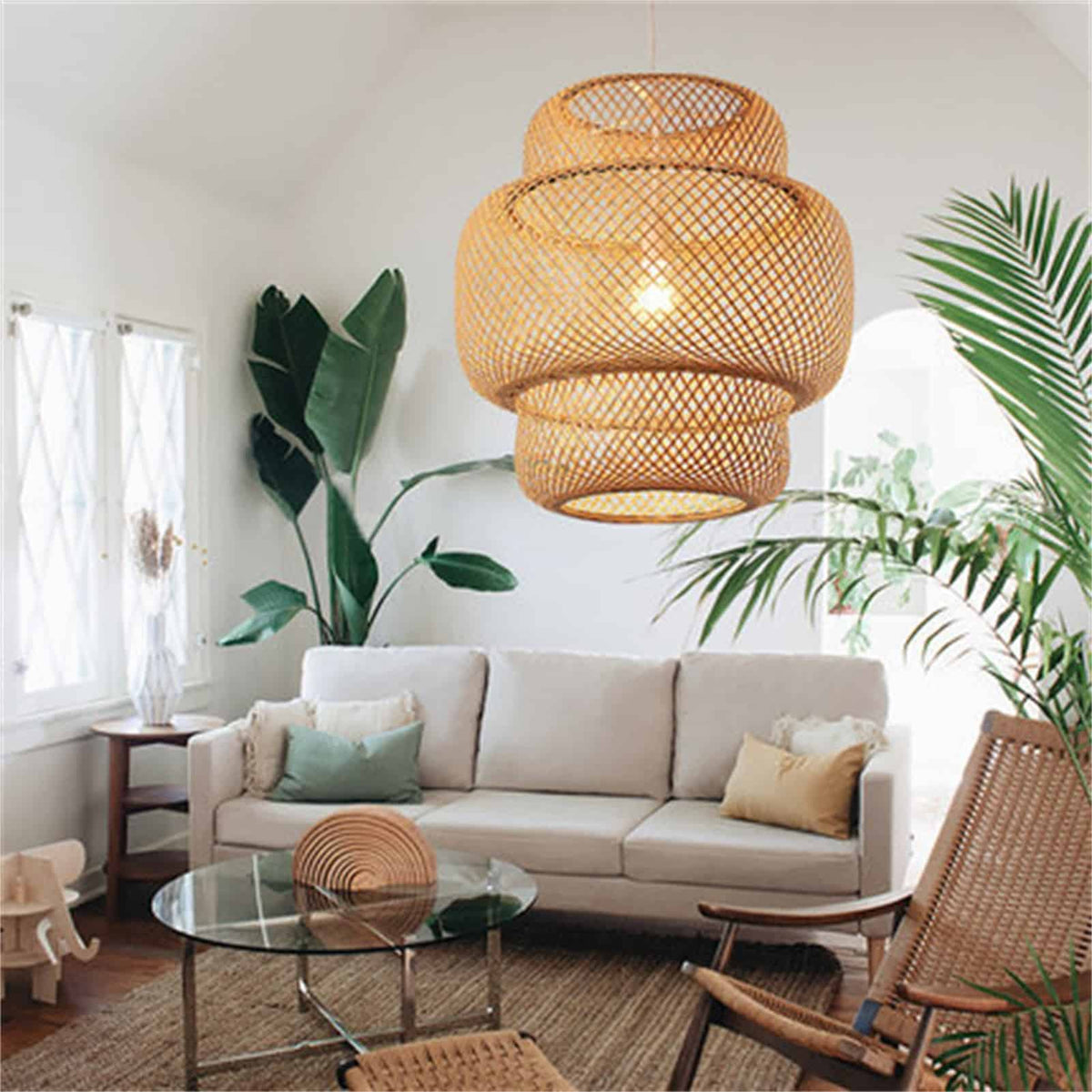 Modern handwoven honey bamboo ceiling light with a tight weave – shown in a room setting