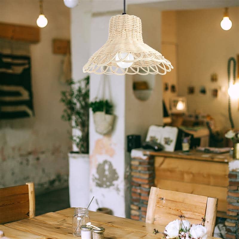 White lacquered handwoven rattan ceiling light – shown in a room setting