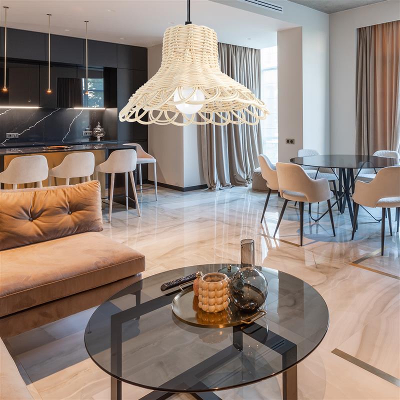 White lacquered handwoven rattan ceiling light – shown in a room setting (3)