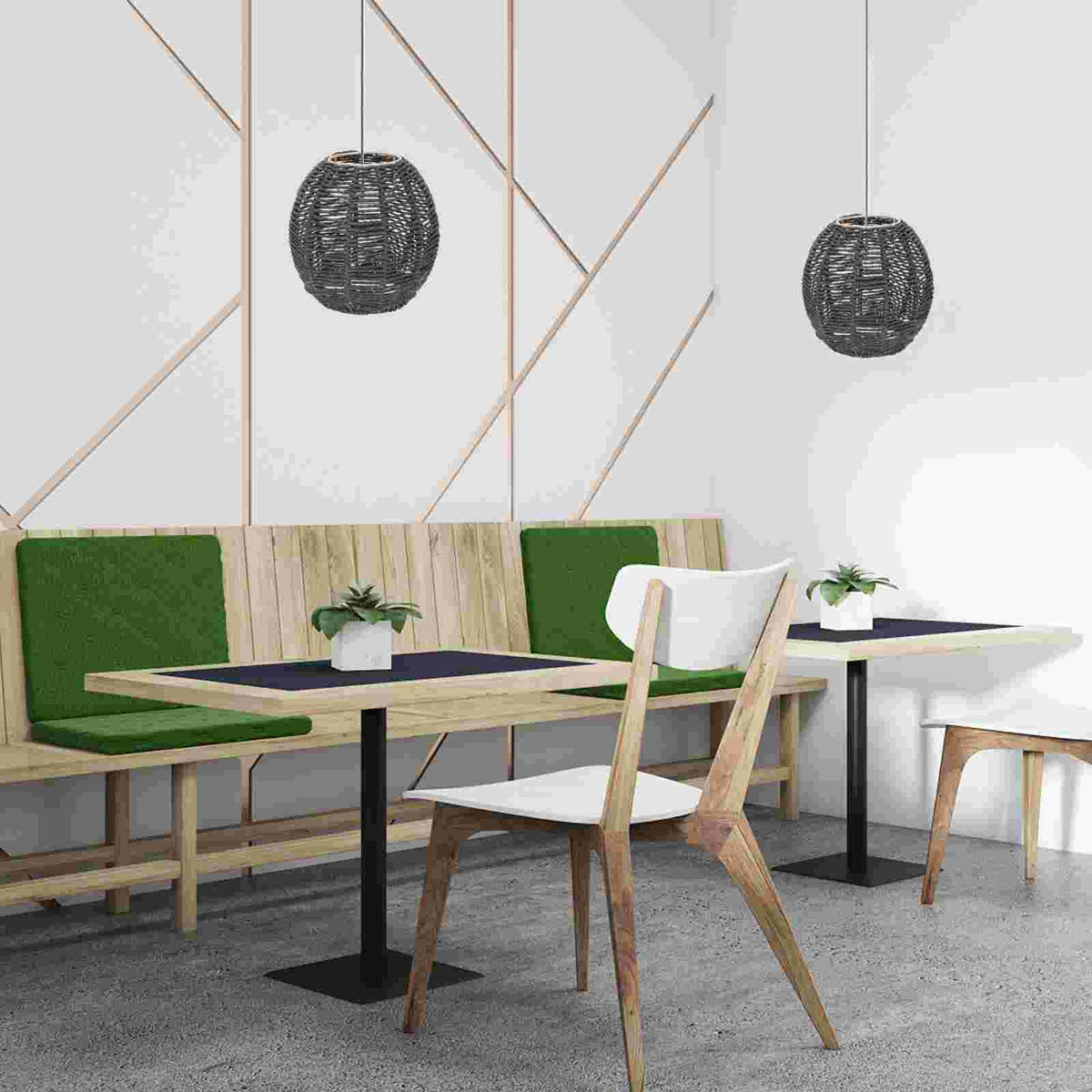 Black rattan ceiling light with a tight openwork weave – shown in a room setting (2)