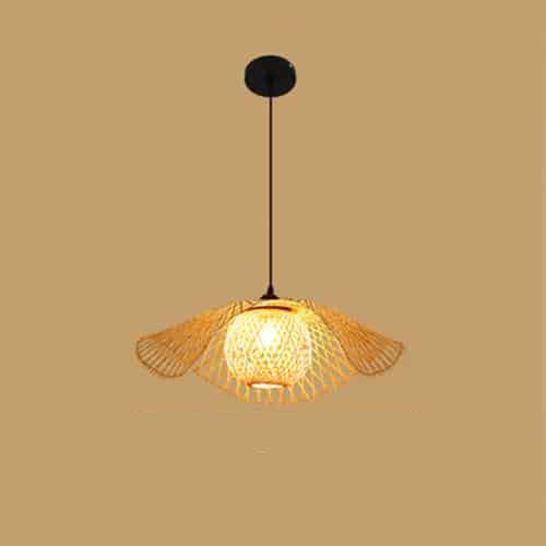 Tropical handwoven rattan ceiling light with a circular weave – S variant, shown lit