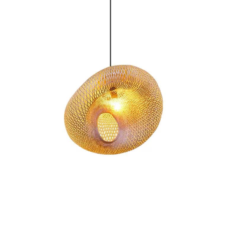 Chinese-style rattan and hand-braided bamboo slat LED ceiling light – shown lit