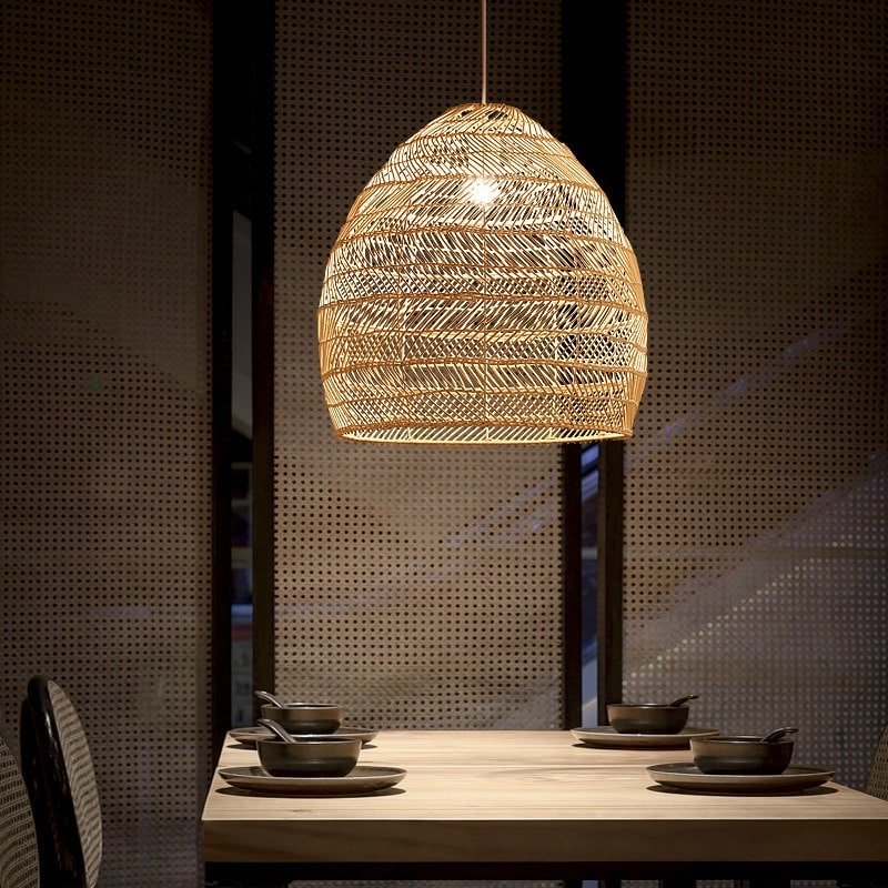 Adjustable-height vintage rattan LED ceiling light – shown lit in a room setting (2)