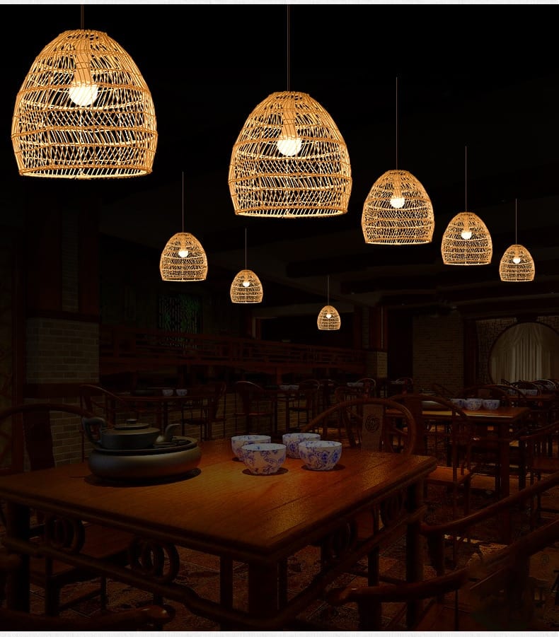 Adjustable-height vintage rattan LED ceiling light – shown lit in a room setting (4)