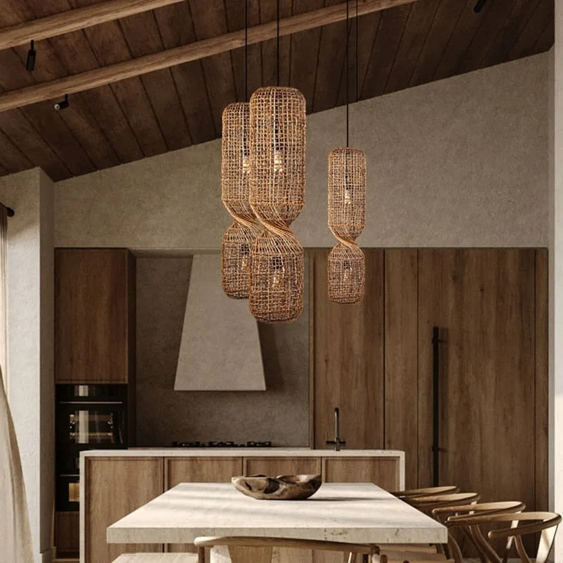 Vintage hand-braided rattan crown LED ceiling light with an iron frame – shown in a room setting (2)