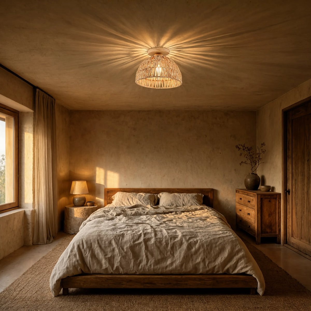 Skyros crocheted jute rope dome ceiling light with a wooden canopy – shown in a bedroom