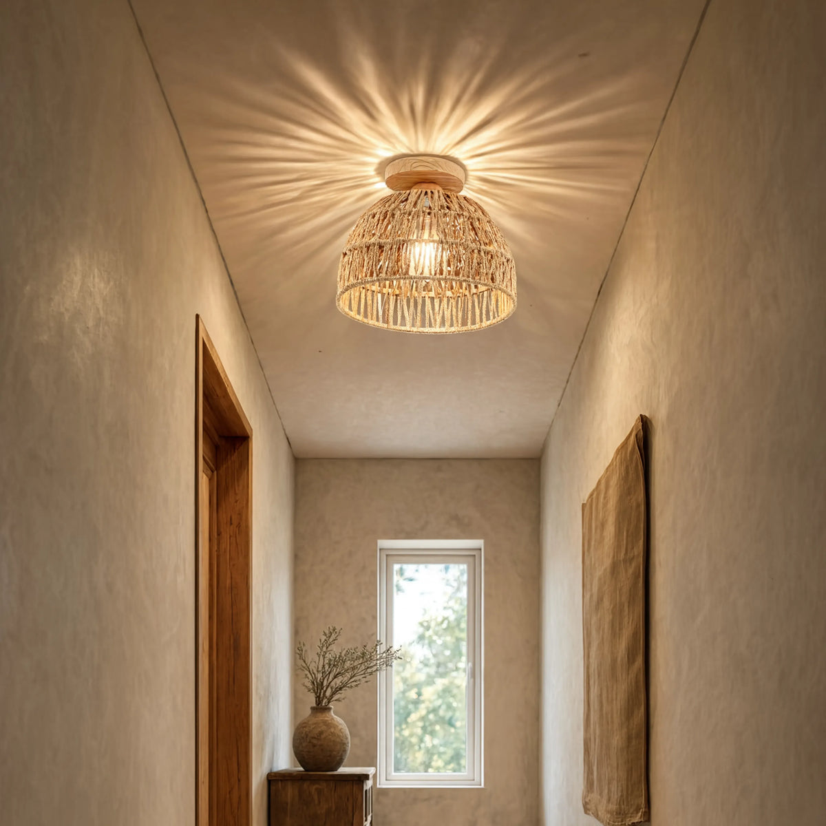 Skyros crocheted jute rope dome ceiling light with a wooden canopy – shown in a hallway