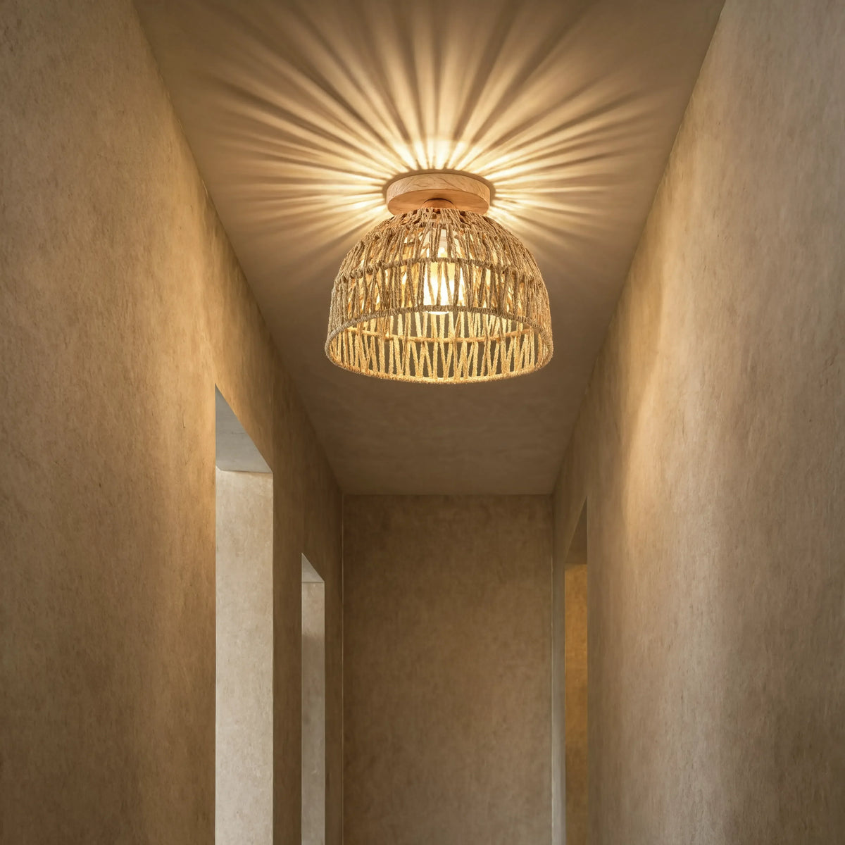 Skyros crocheted jute rope dome ceiling light with a wooden canopy – shown in a hallway (2)