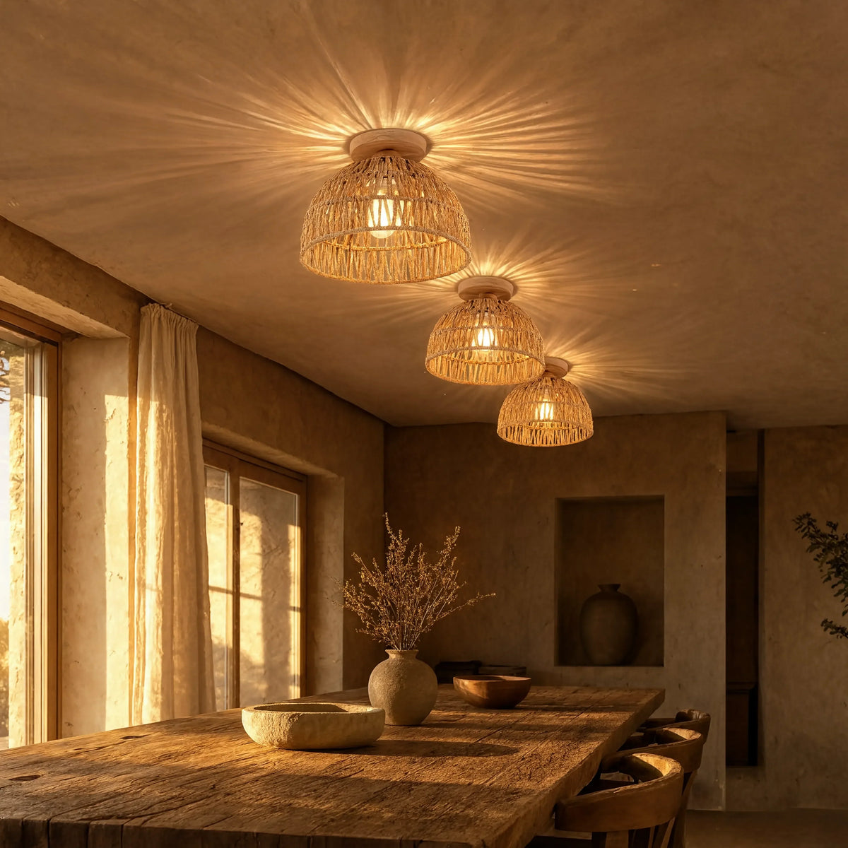 Skyros crocheted jute rope dome ceiling light with a wooden canopy – shown in a dining room