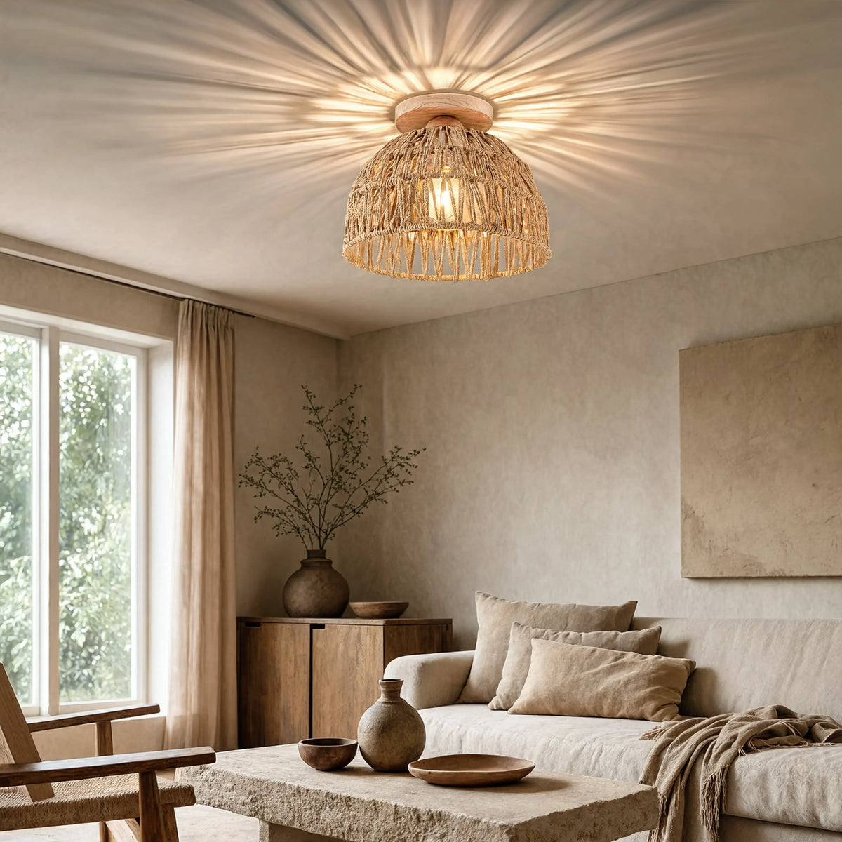 Skyros crocheted jute rope dome ceiling light with a wooden canopy – shown in a living room