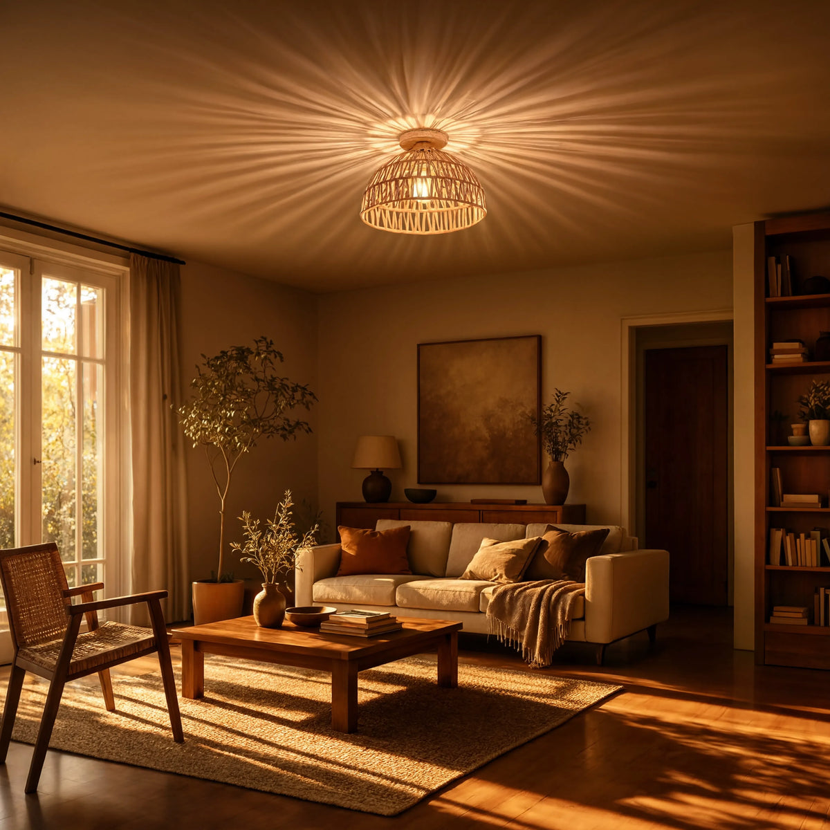 Skyros crocheted jute rope dome ceiling light with a wooden canopy – shown in a living room (2)