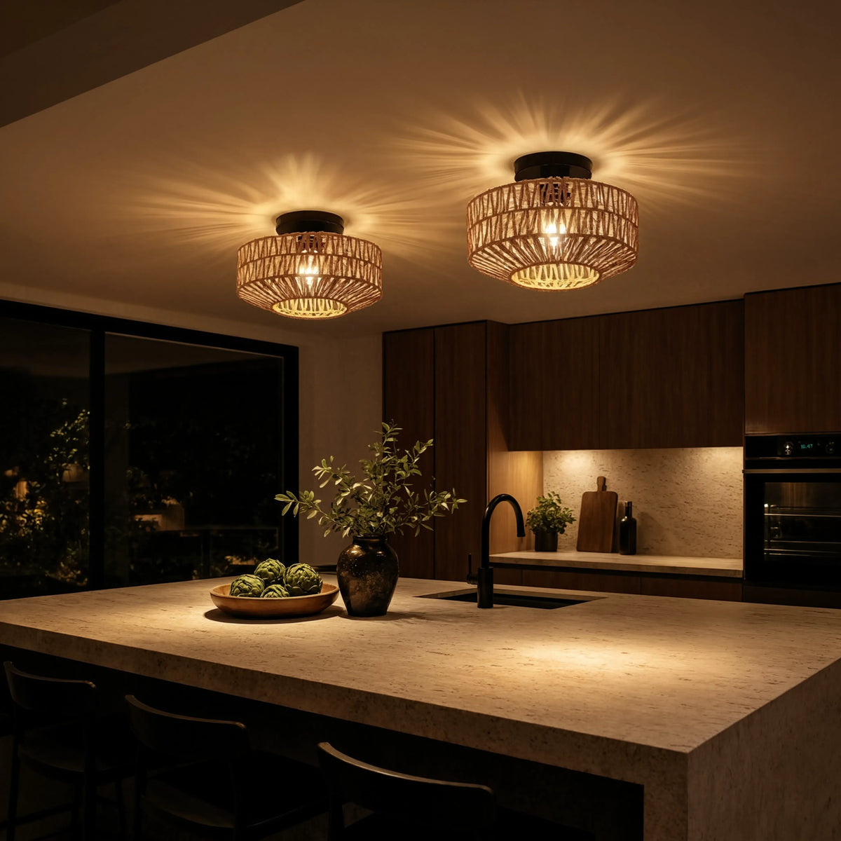 Lindos braided rope semi-flush ceiling light on a black steel frame – shown in a kitchen (2)