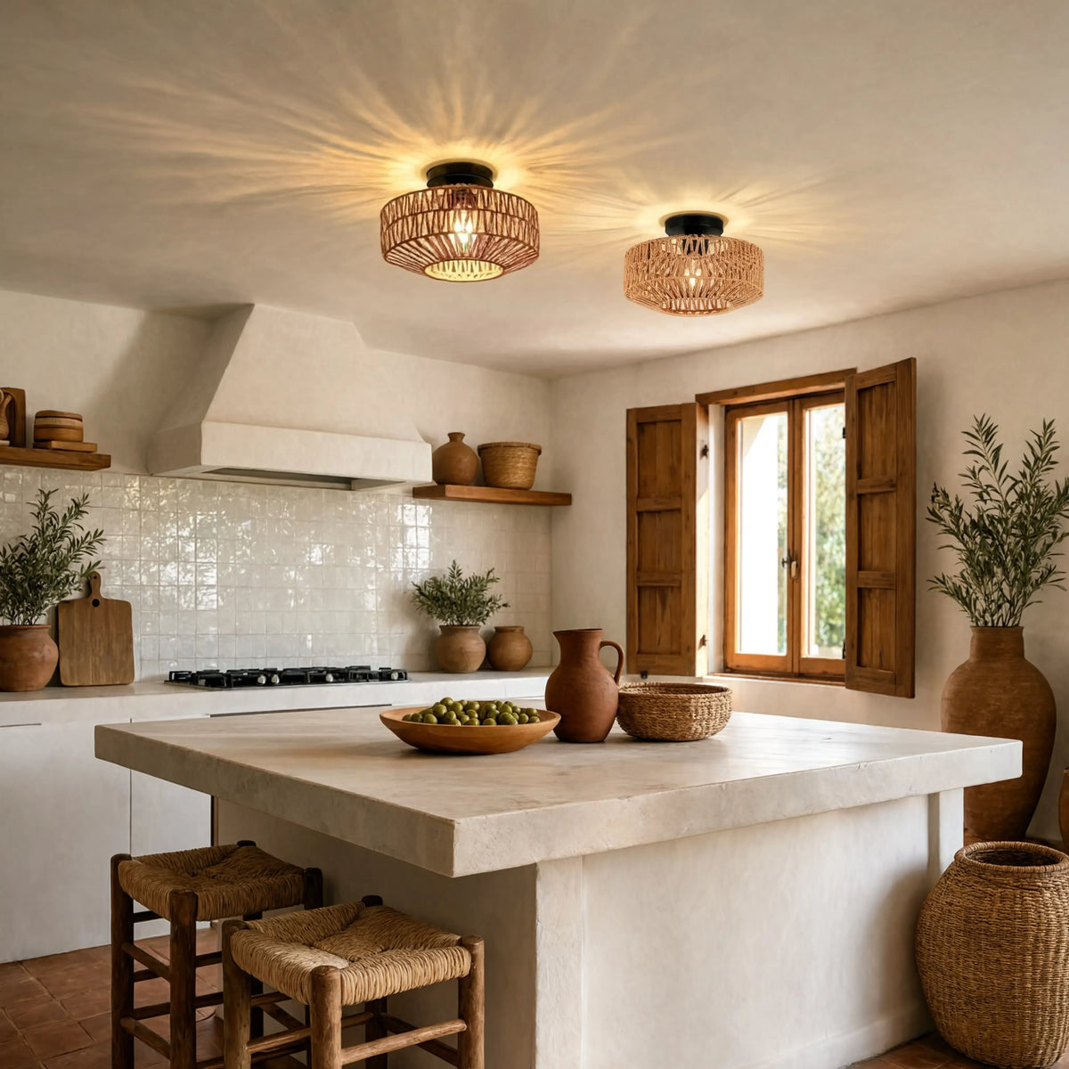Lindos braided rope semi-flush ceiling light on a black steel frame – shown in a kitchen
