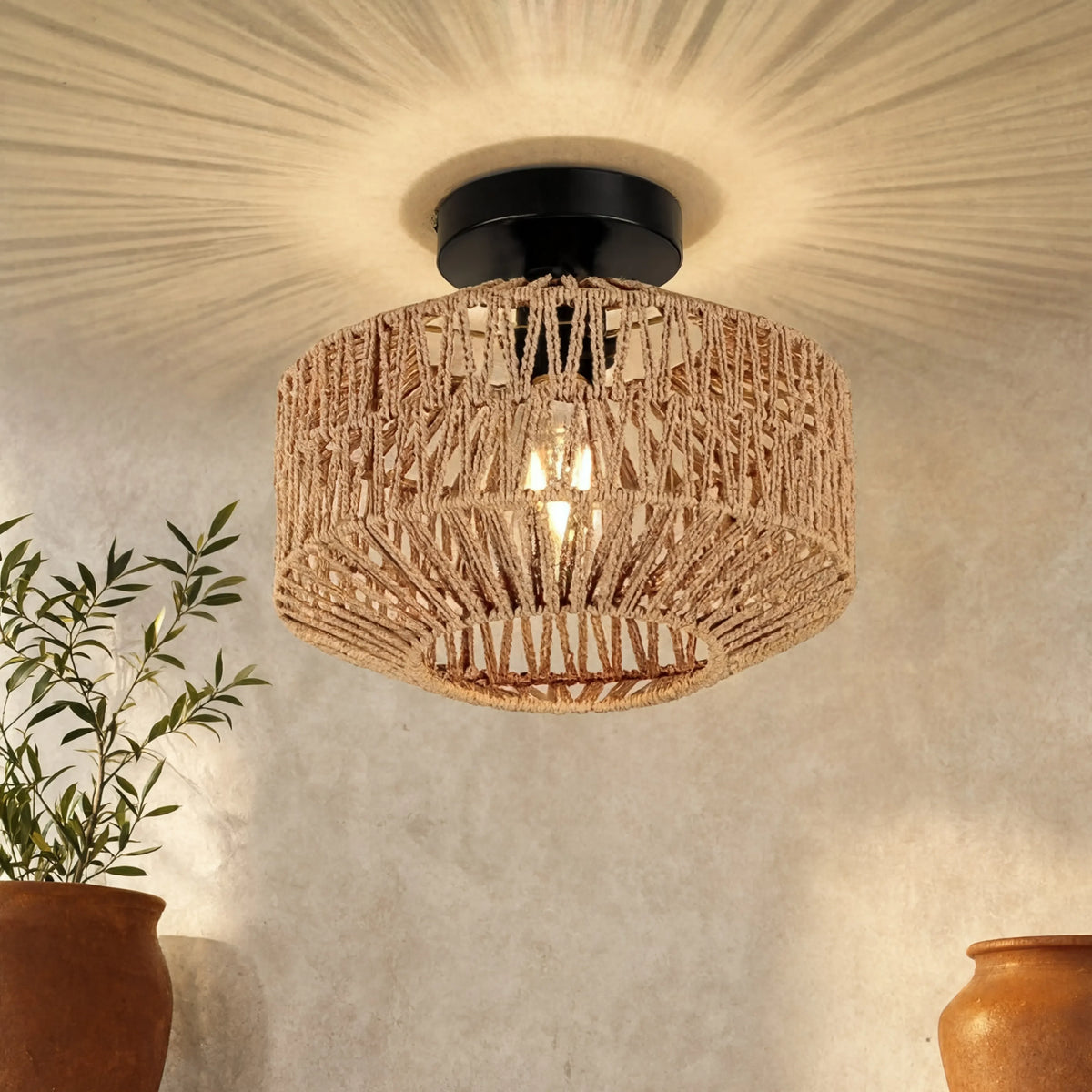 Lindos braided rope semi-flush ceiling light on a black steel frame – another view