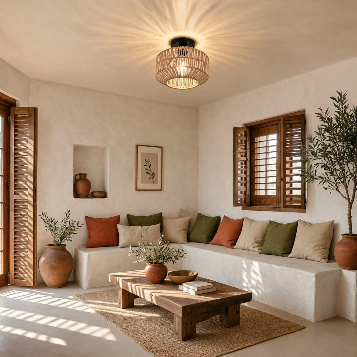 Lindos braided rope semi-flush ceiling light on a black steel frame – shown in a living room