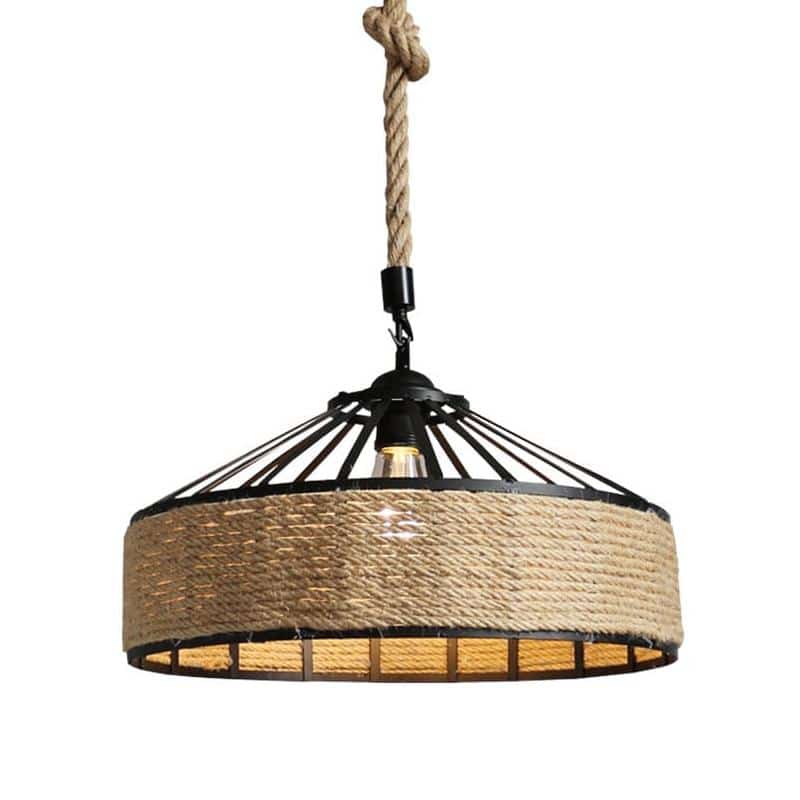 Industrial black frame rattan pendant light hung on raw rope