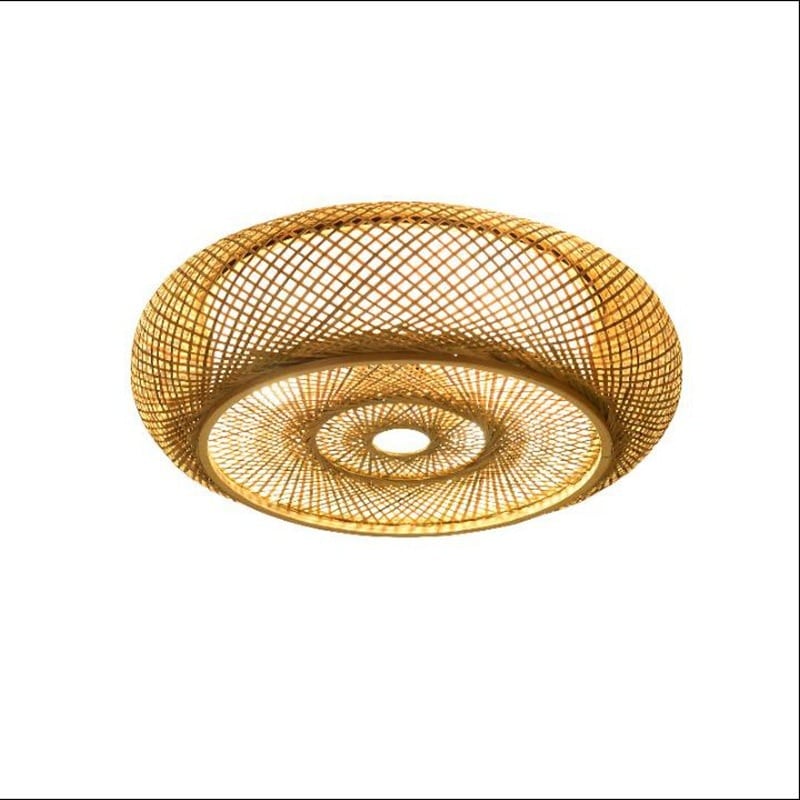 Open-weave hanging rattan ceiling light – shown lit