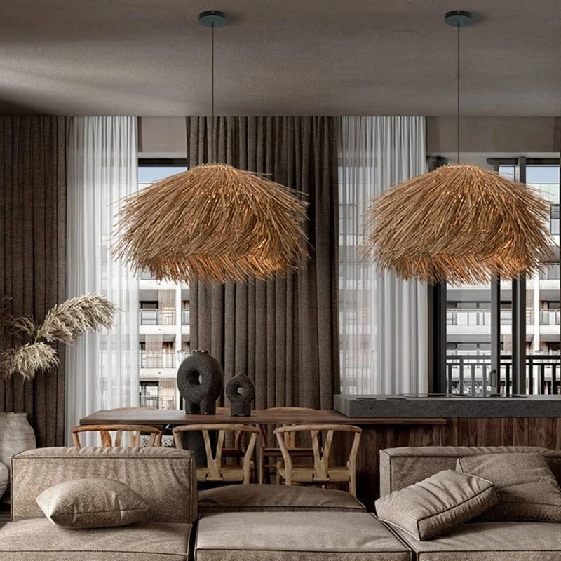 Modern round natural wicker ceiling light – shown in a room setting (2)