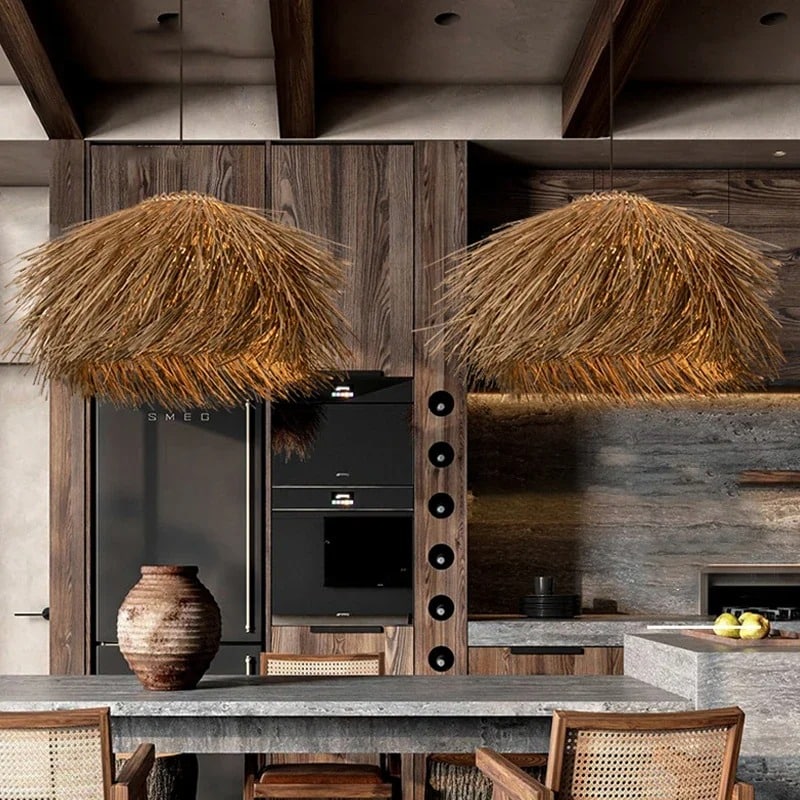 Modern round natural wicker ceiling light – shown in a room setting (3)