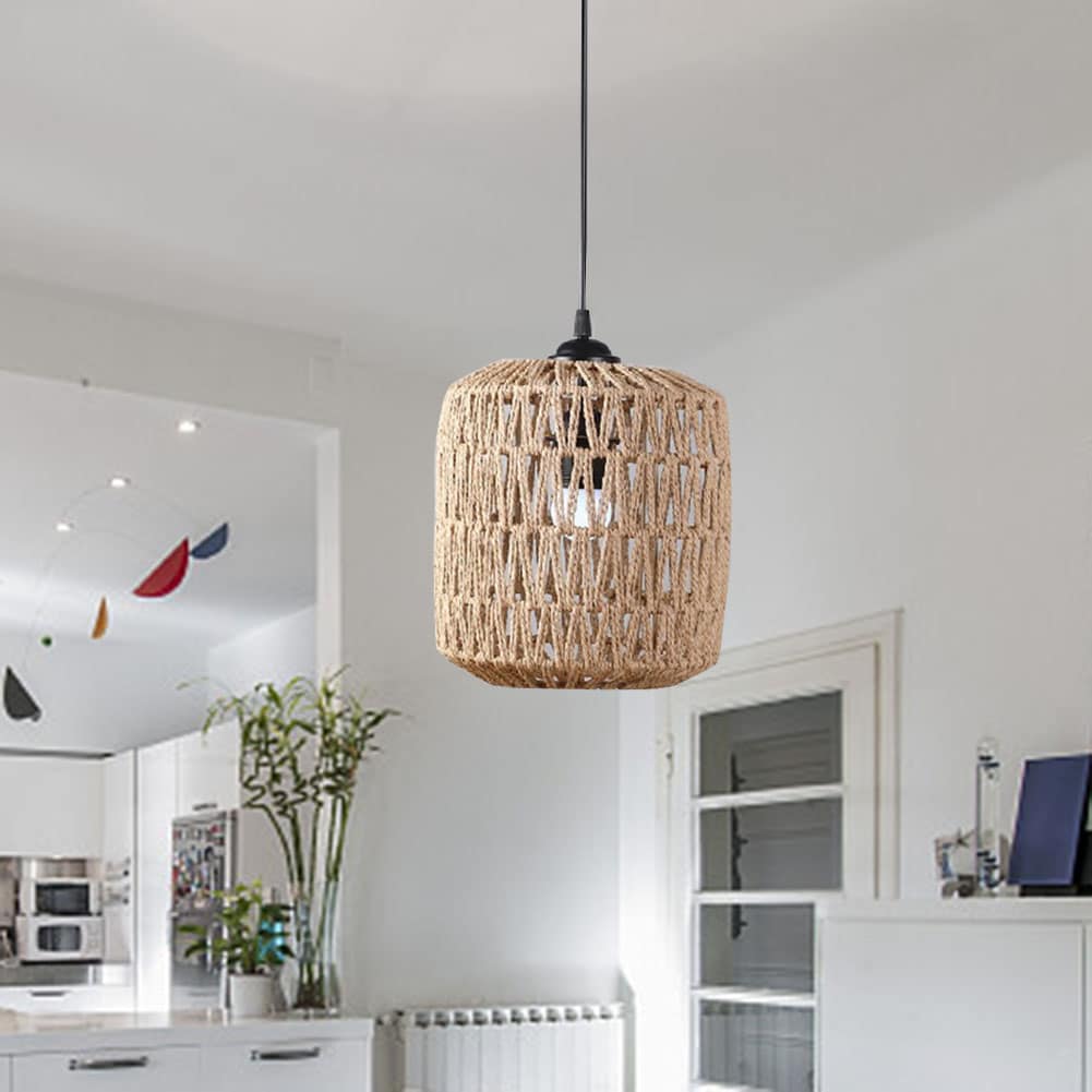 Vintage handwoven rattan hanging light – shown in a room setting