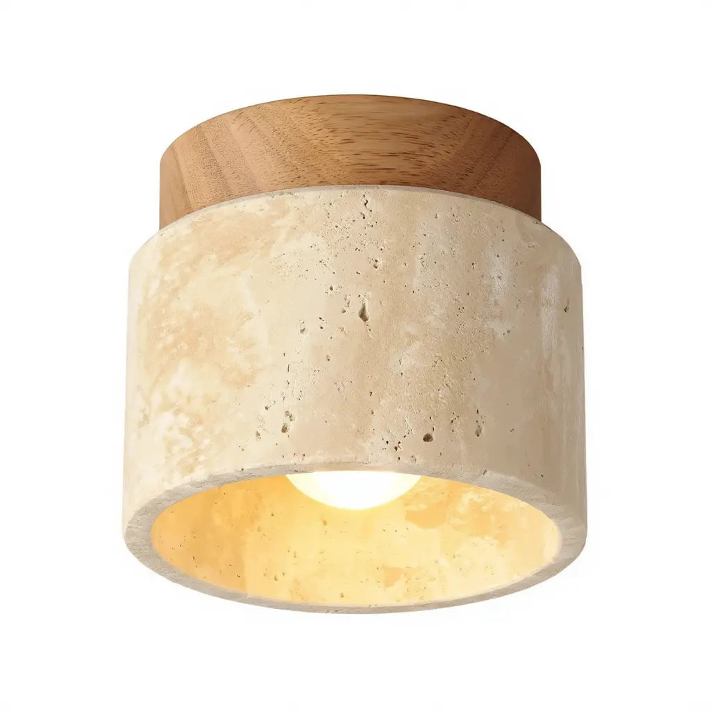 Otium travertine cylinder flush mount light with a wood crown – light wood variant
