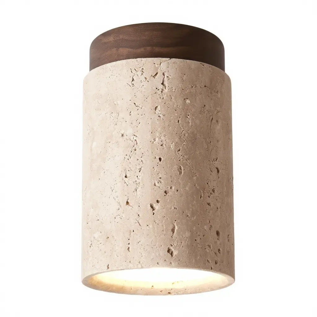 Tivoli tall travertine cylinder ceiling light with a wood disc – dark wood variant, another view