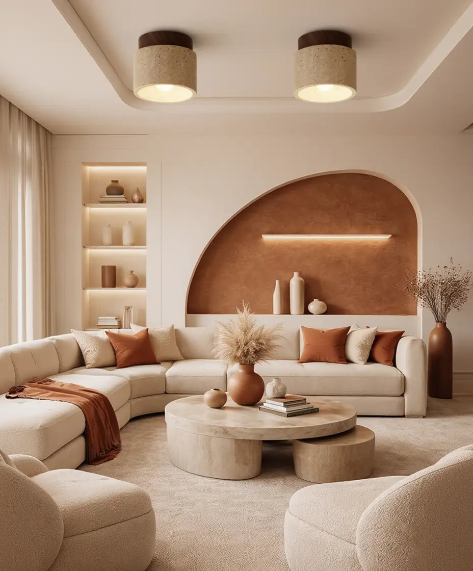 Otium travertine cylinder flush mount light with a wood crown – shown in a living room