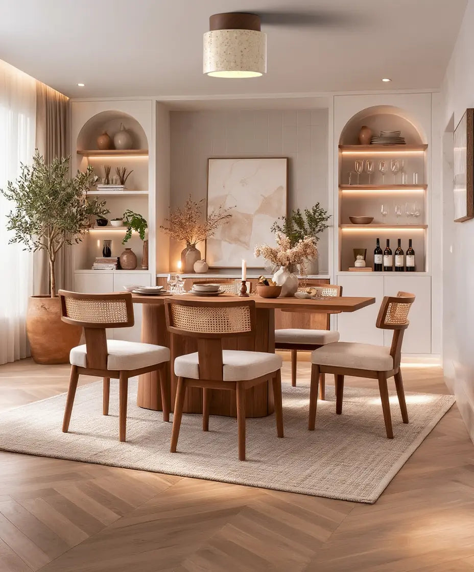 Otium travertine cylinder flush mount light with a wood crown – shown in a living room (4)