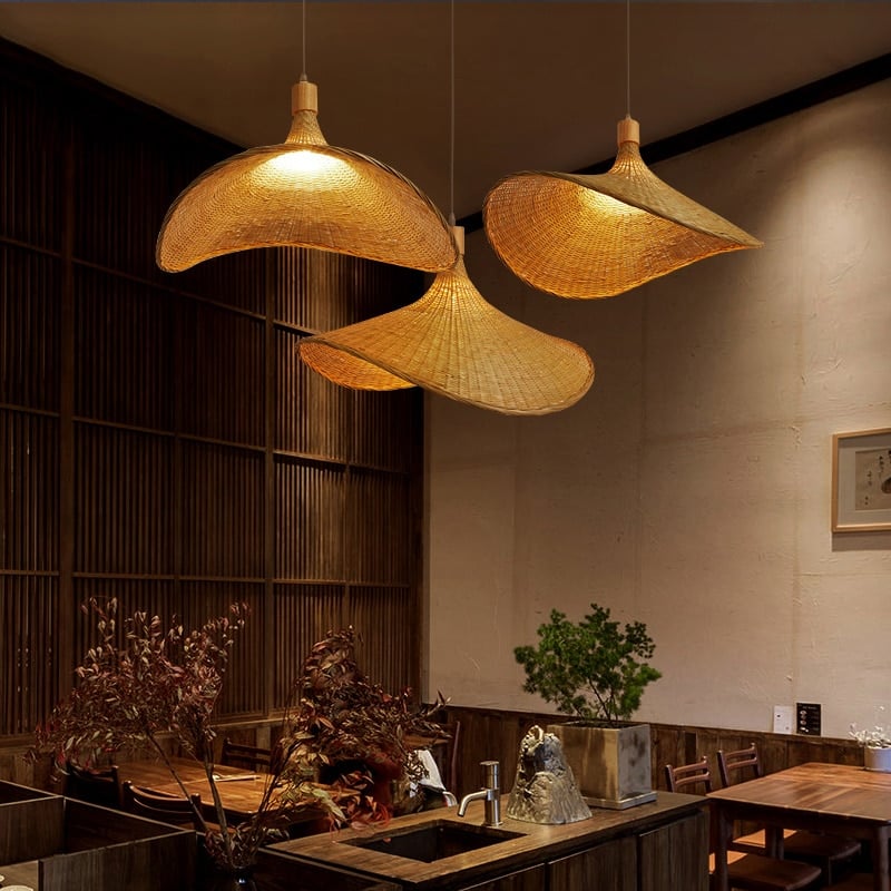Vietnamese-style handwoven rattan and bamboo ceiling light – shown lit in a room setting (2)