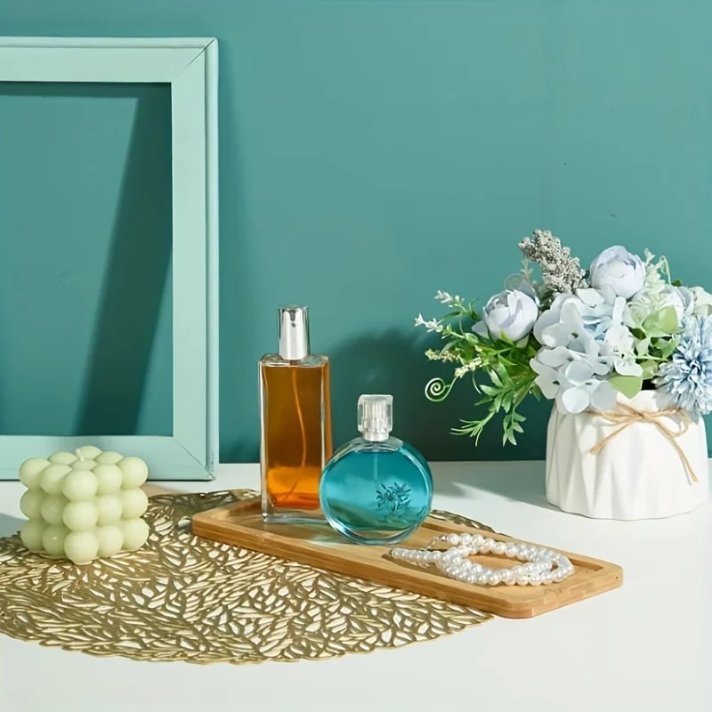 Long rectangular woven bamboo tray with slightly raised edges – shown in a room setting