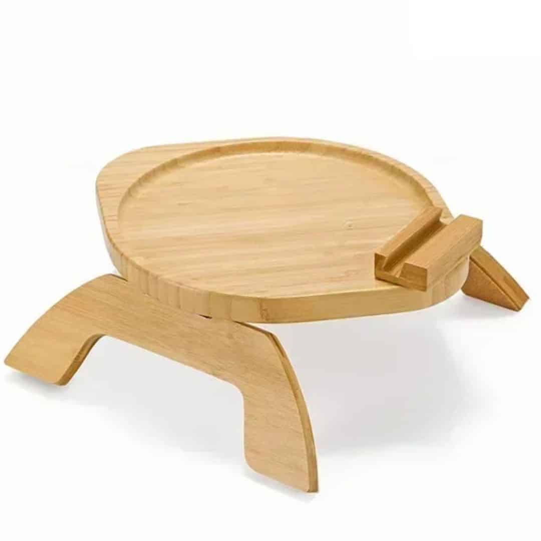 Foldable bamboo bed tray with a tilting phone holder