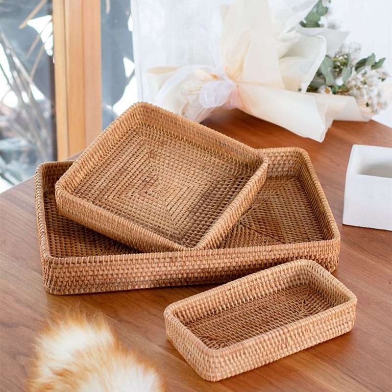 Square rattan tray with handwoven sides – multiple views