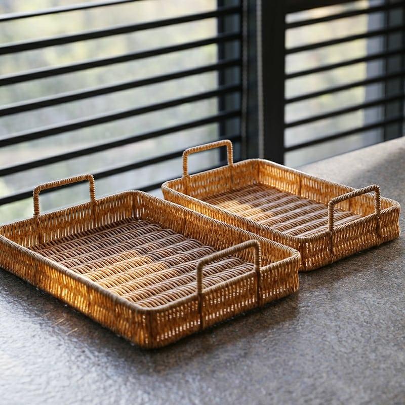 Faux rattan storage tray with sturdy handles – shown in a room setting (4)