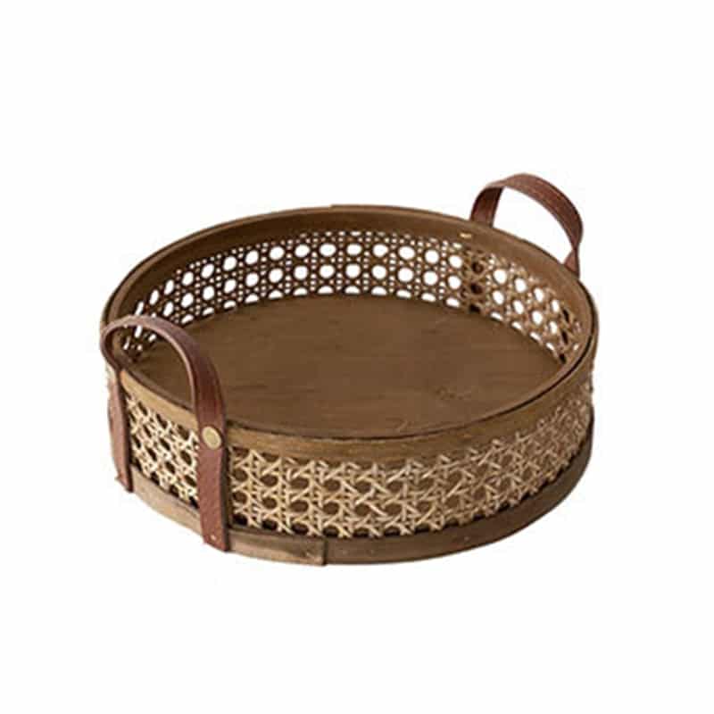 Round brown rattan tray with hand-sewn leather handles