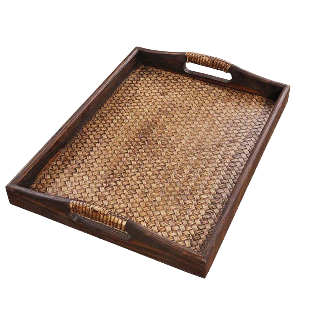 Vintage rectangular handwoven rattan serving tray