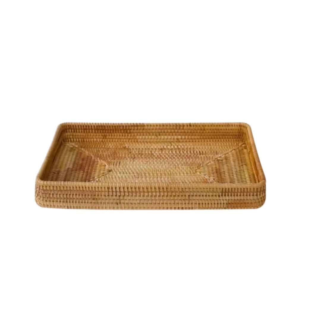 Round woven bamboo tray with a rattan look