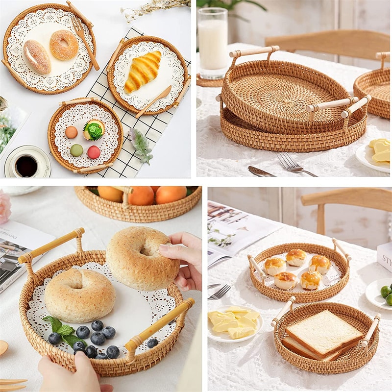 Light beige rattan serving tray with solid wood handles – multiple views