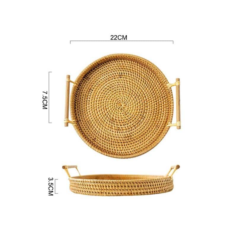 Light beige rattan serving tray with solid wood handles – dimensions diagram