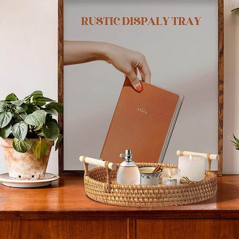 Light beige rattan serving tray with solid wood handles – shown in a room setting (4)