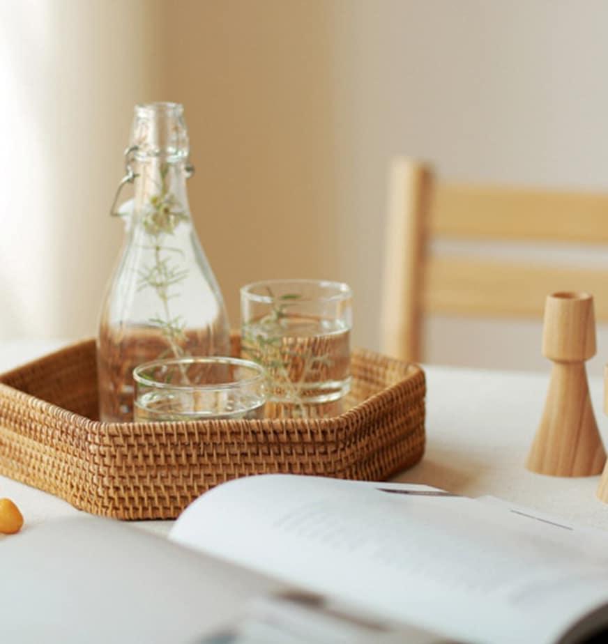 Hexagonal woven rattan tray with crisp angles – shown in a room setting (3)