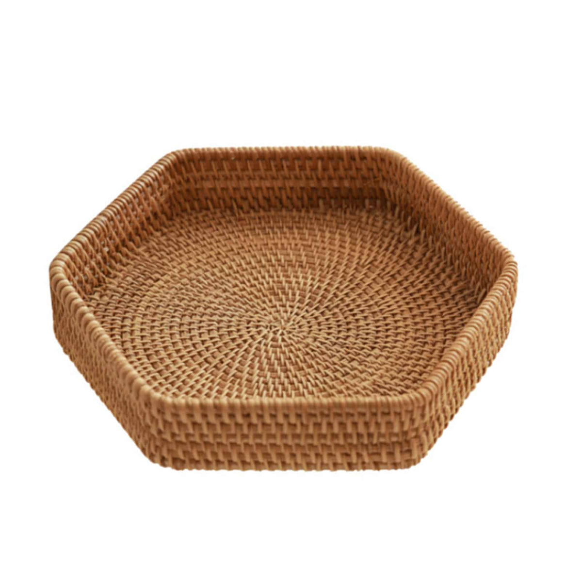 Hexagonal woven rattan tray with crisp angles