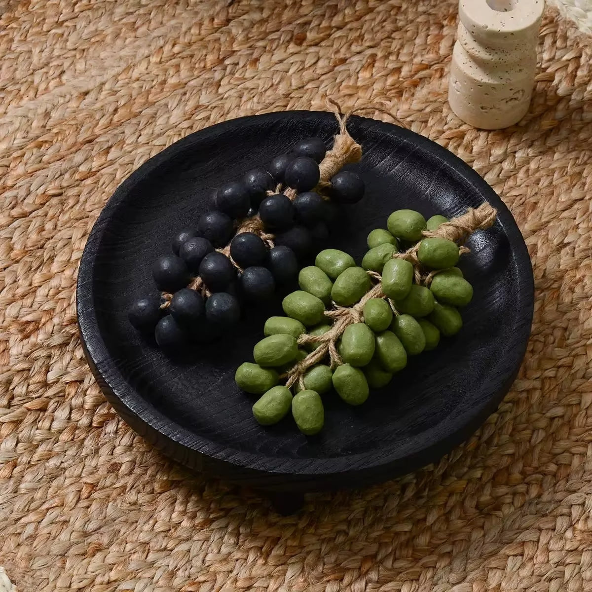 Round turned wood fruit tray with a slightly raised rim – close-up detail