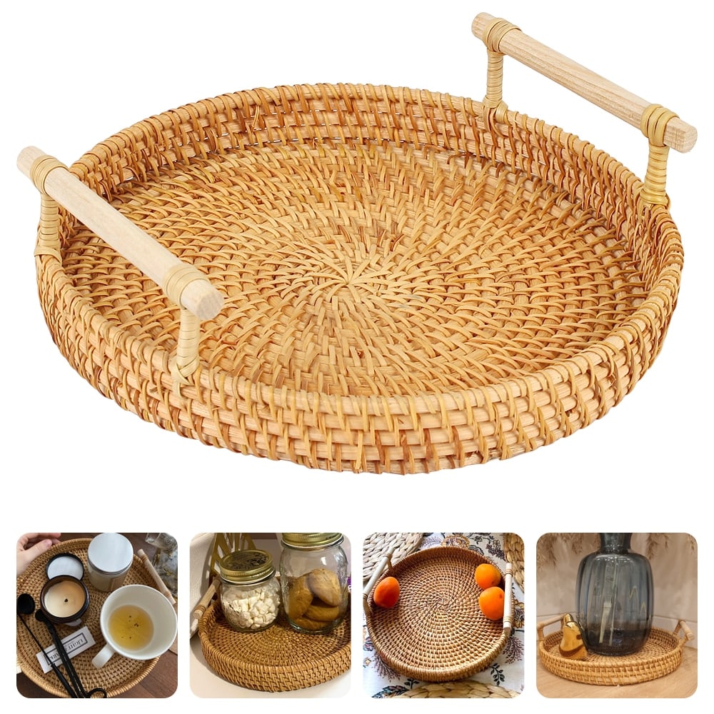 Round hand-braided rattan tray with a curved center handle – multiple views (2)