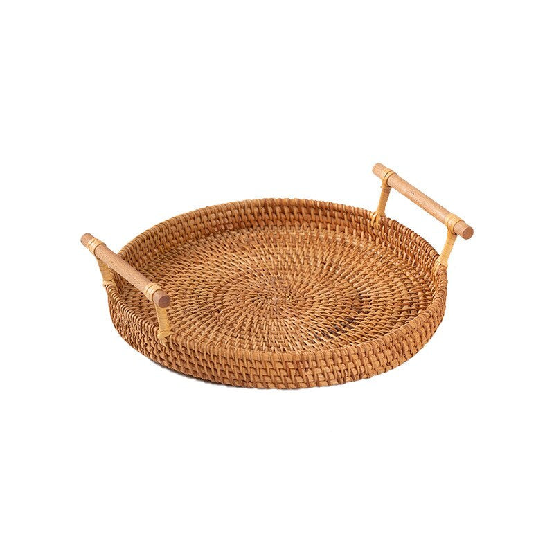 Round rattan tray with solid wood handles – M variant, another view