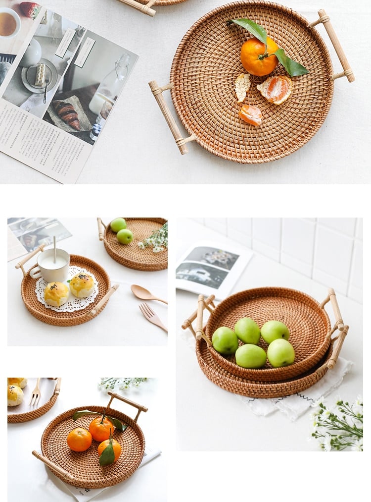 Round rattan tray with solid wood handles – multiple views