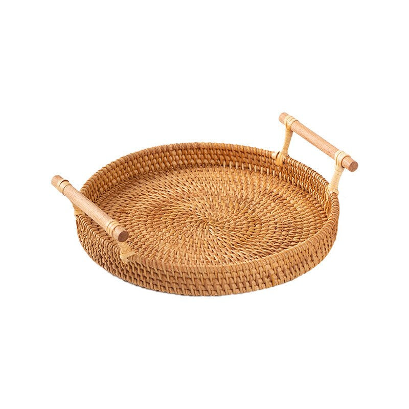 Round rattan tray with solid wood handles – another view