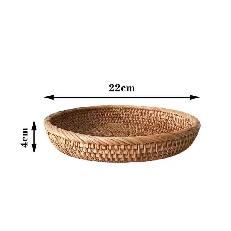 Round genuine rattan tray with natural ribs and a rounded border – M variant, dimensions diagram
