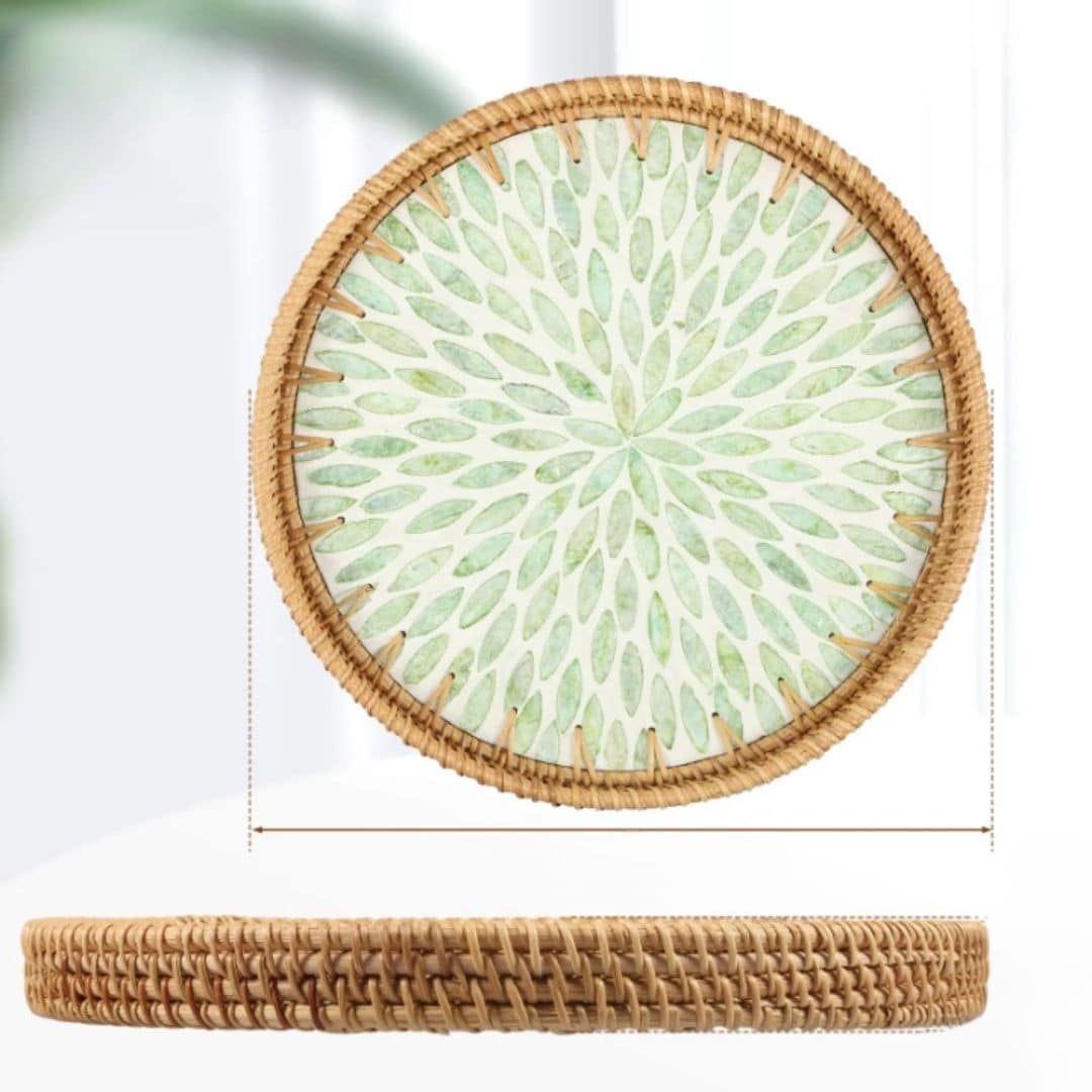 Round rattan tray with a green leaf print base