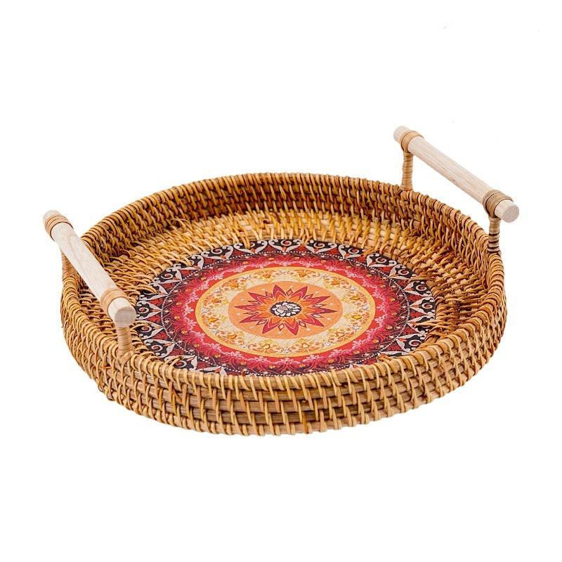 Round sunburst rattan tray with two wooden handles – M variant, another view